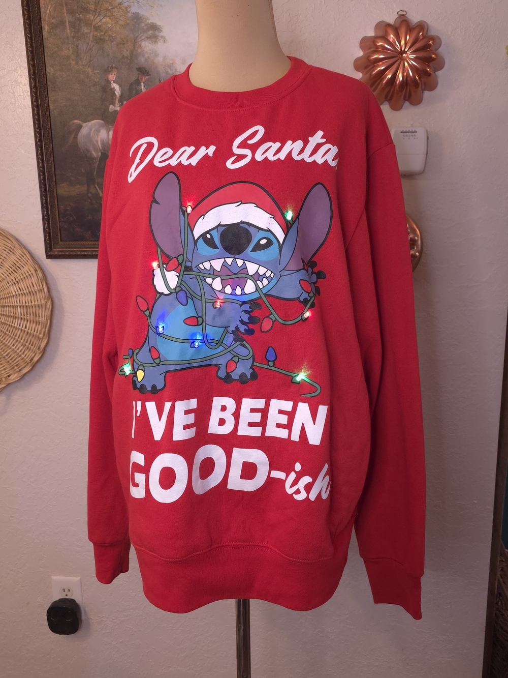 Disney Stitch Light Up Christmas Sweatshirt Red Medium Dear Santa Holiday